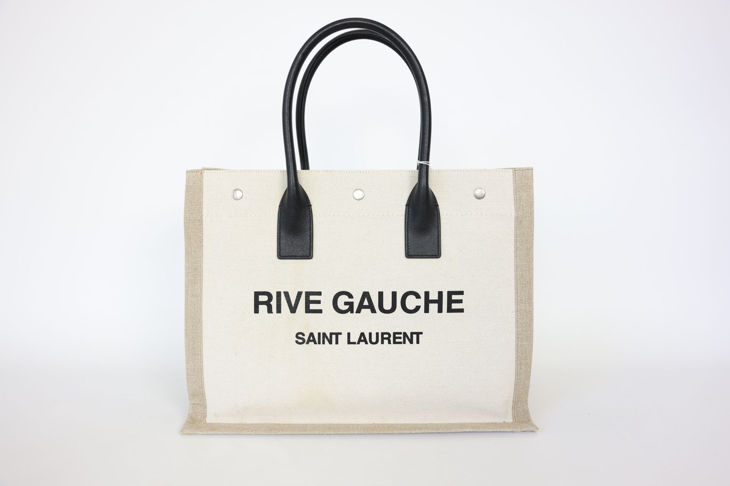 Saint Laurent Rive Gauche Small Tote, Beige Fabric, Canvas and Leather, Preowned in Dustbag  WA001