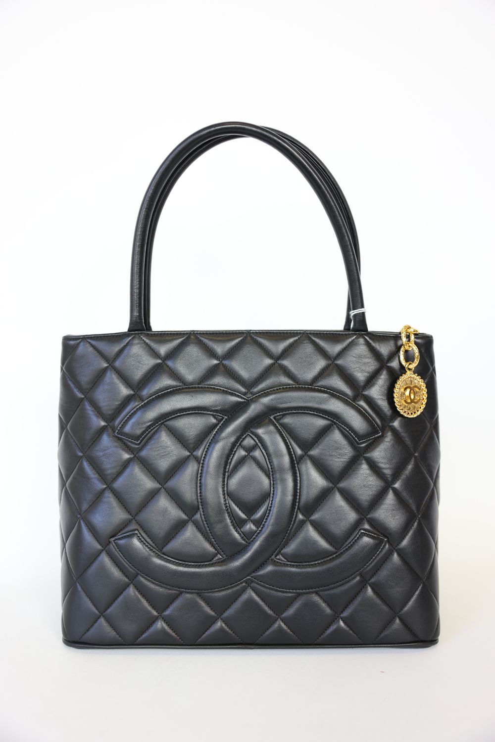 Chanel Medallion Tote, Black Leather with Gold Hardware, Preowned in Dustbag WA001