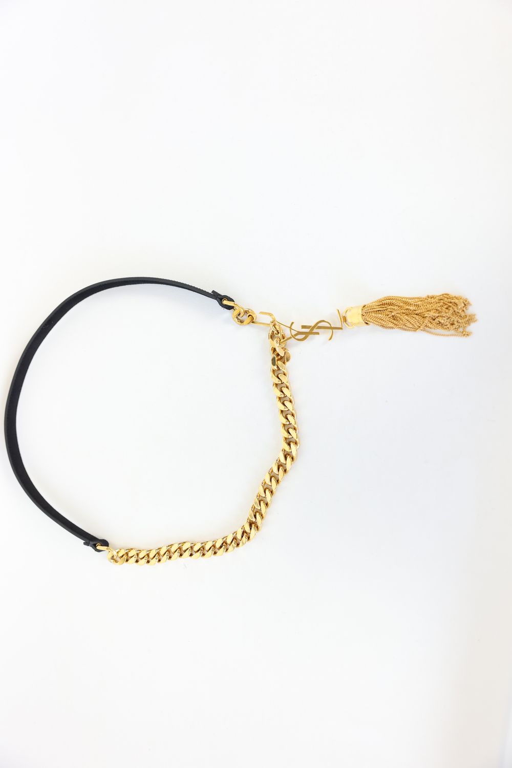 Saint Laurent Chain Belt, Black Leather With Gold Hardware YSL Tassel, Size M, Preowned No Dustbag WA001