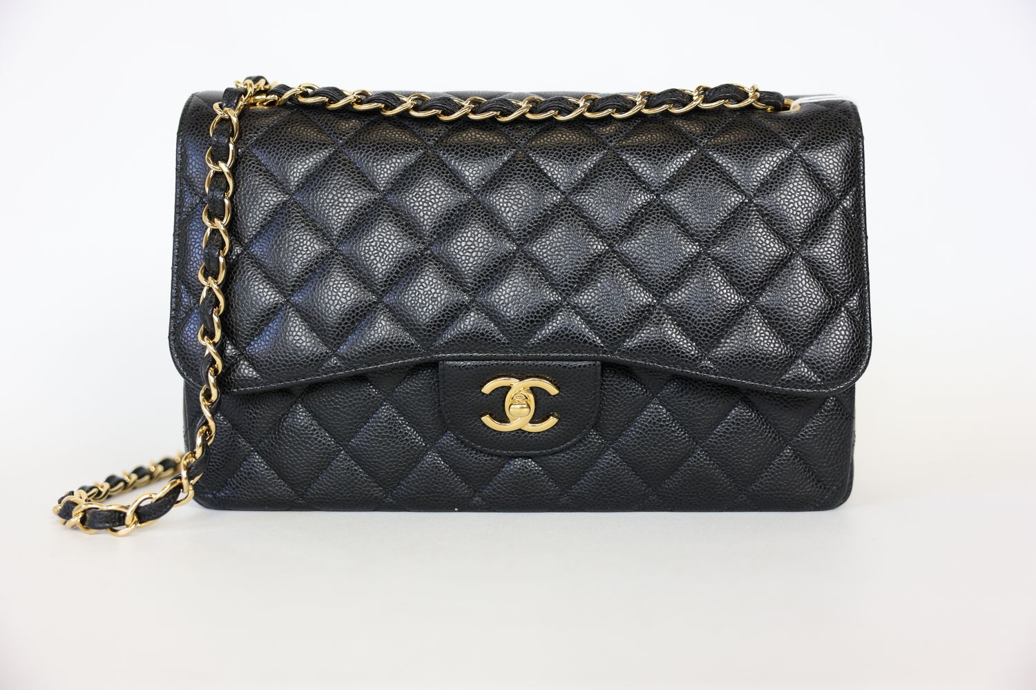 Chanel Classic Double Flap Jumbo, Black Caviar Leather With Gold Hardware, Preowned In Box WA001