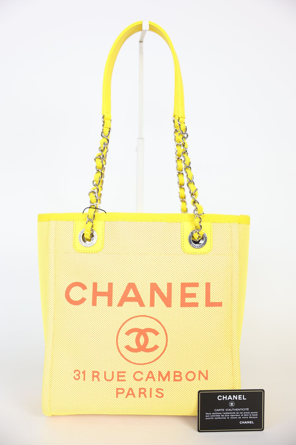 Chanel Deauville Tote Mini, Yellow Canvas With Neon Orange Inside And Silver Hardware, New In Dustbag WA001