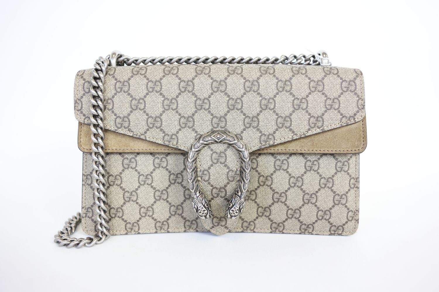 Gucci Dionysus GG Supreme Bag Small, Beige/Ebony GG Supreme Canvas and Taupe Suede Trim with Antique Silver Hardware, Preowned in Dustbag WA001