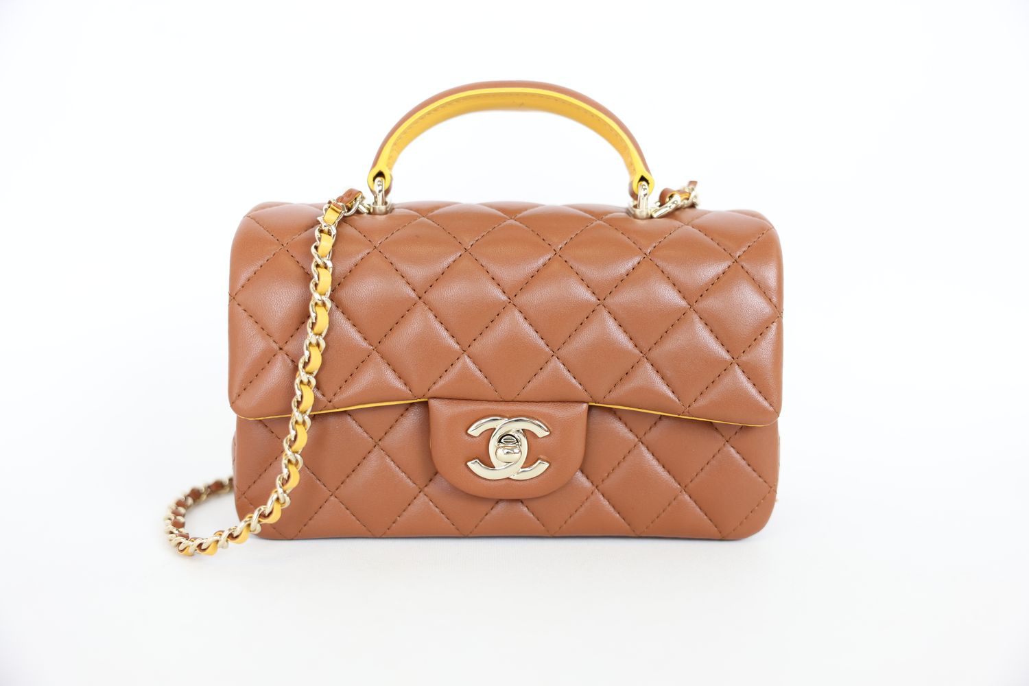 Chanel Mini Rectangular with Top Handle, Brown and Yellow Lambskin with Gold Hardware, Preowned in Box WA001