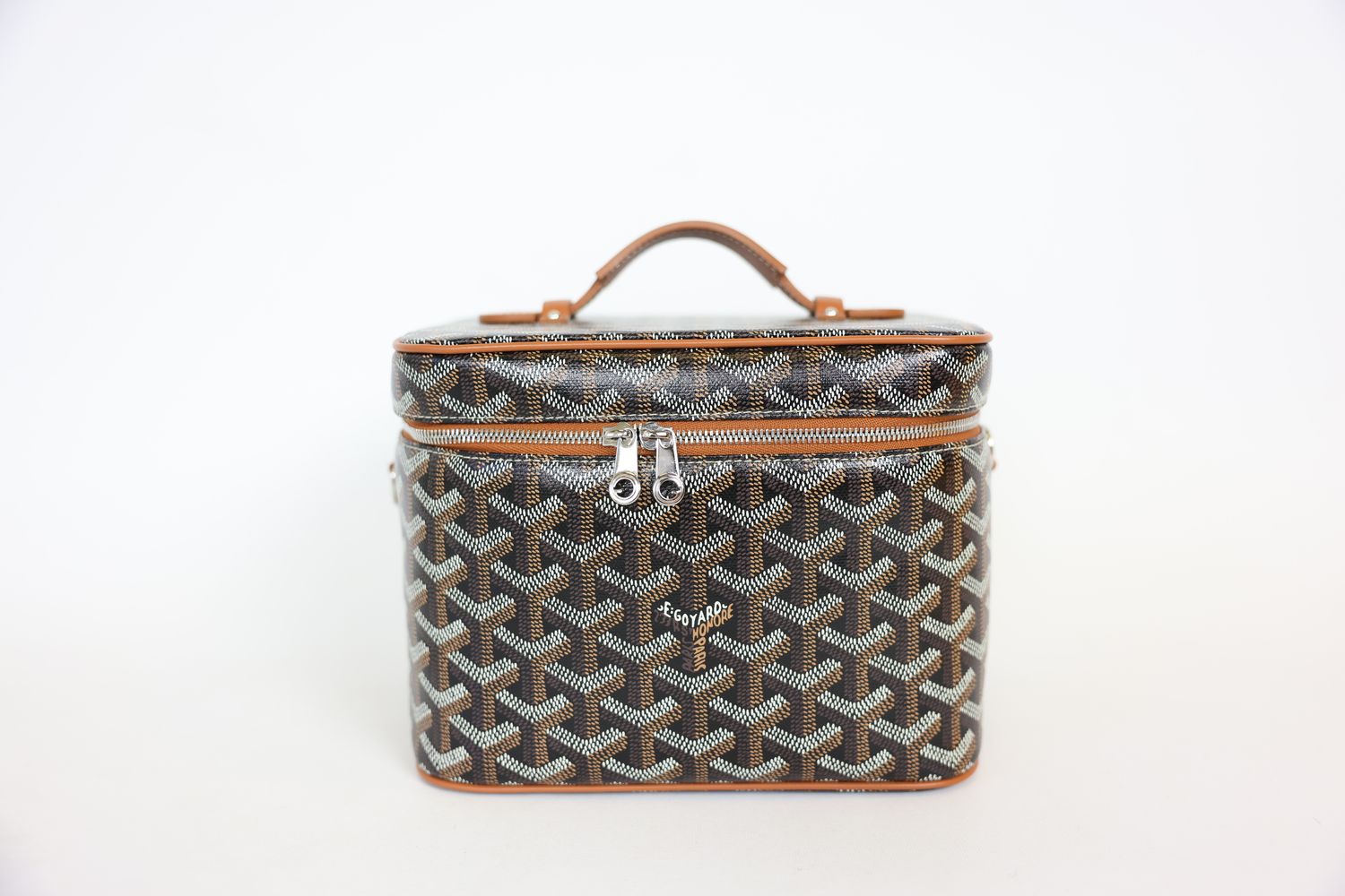 Goyard Muse Vanity Case Black and Tan Goyardine Monogram Canvas and Cervon Calfskin with Silver Hardware