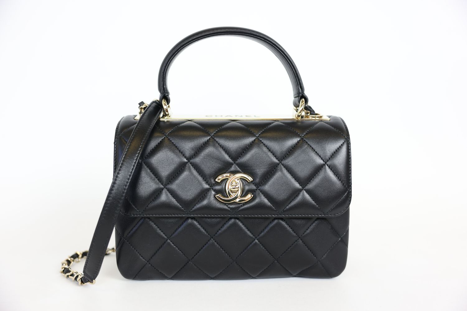 Chanel Trendy CC Top Handle Flap Bag Small, Black Quilted Lambskin with Gold Hardware, Preowned in Box WA001