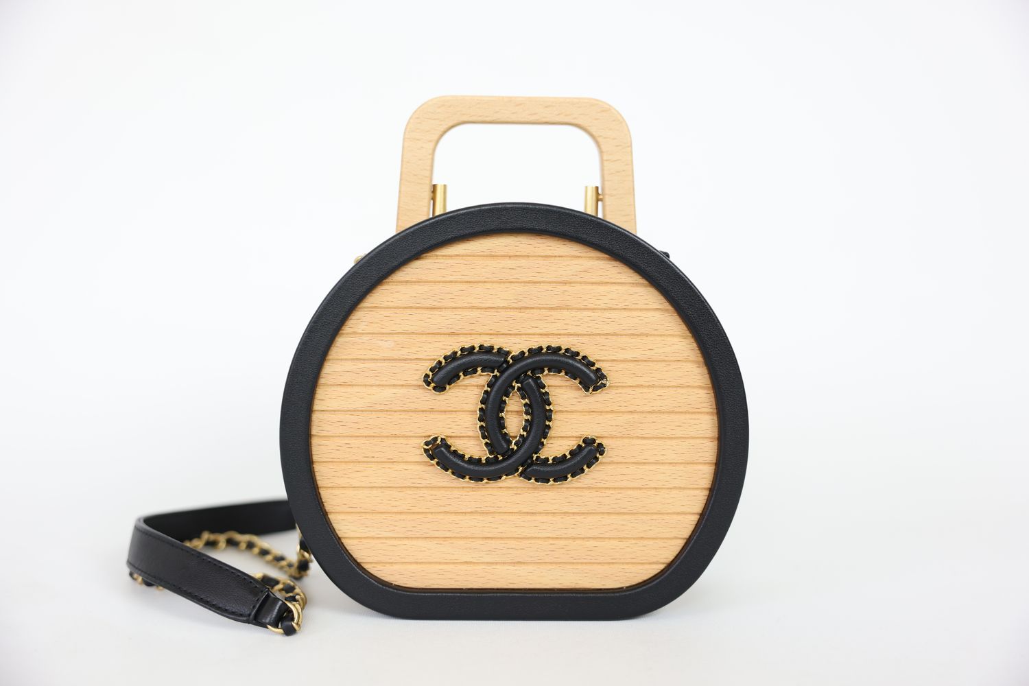 Chanel Vanity Case Small, Tan Beechwood and Black Calfskin with Gold Hardware, Preowned in Box WA001
