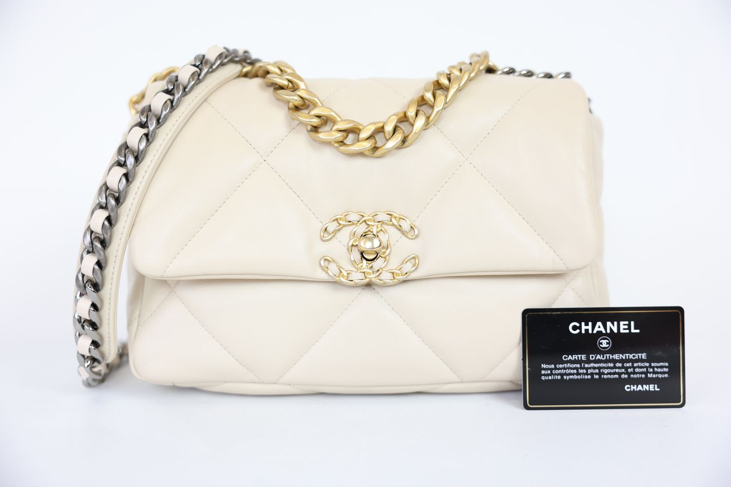 Chanel 19 Quilted Flap Bag 20B Small, Beige Goatskin with Tricolored Hardware, Preowned in Box WA001