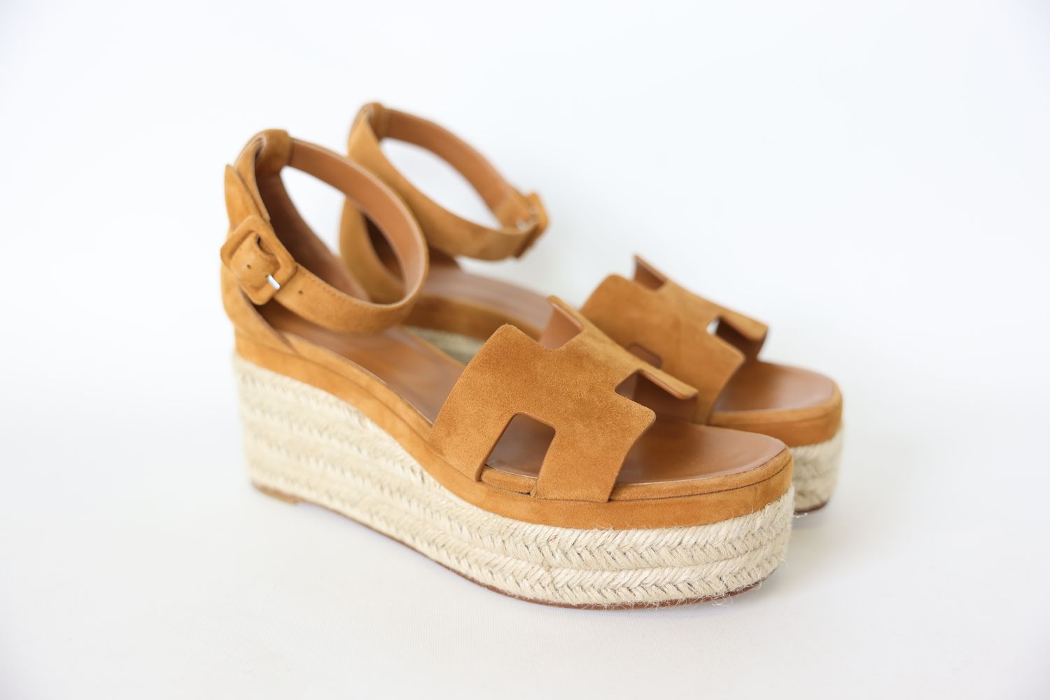 Hermes Elda Espadrille Wedge Sandals, Brown Suede Size 40, Preowned In Box WA001