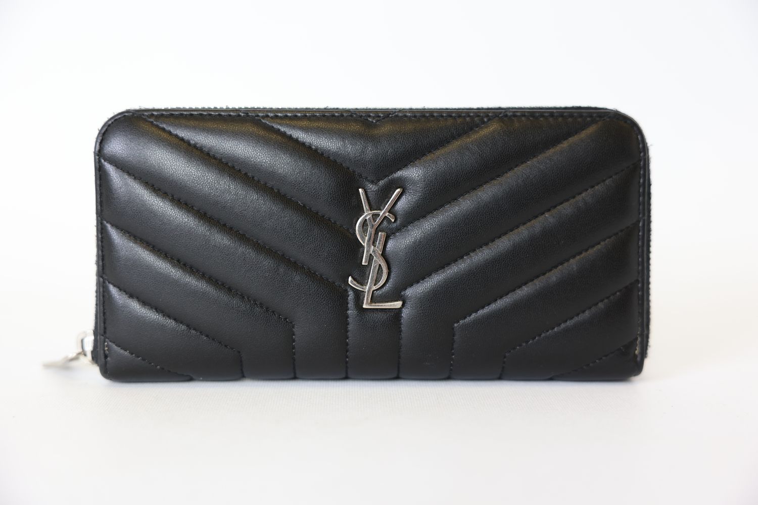 Saint Laurent Cassandre Matelasse Zip Around Wallet, Black Leather with Silver Hardware, Preowned WA001