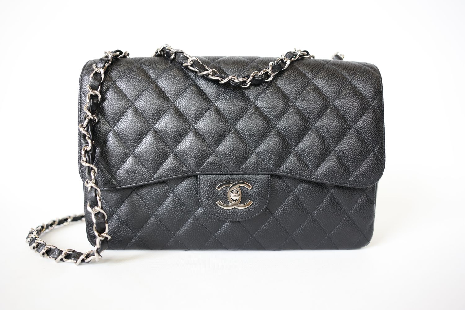 Chanel Classic Single Flap Bag Jumbo, Black Caviar with Silver Hardware, Preowned in Box WA001
