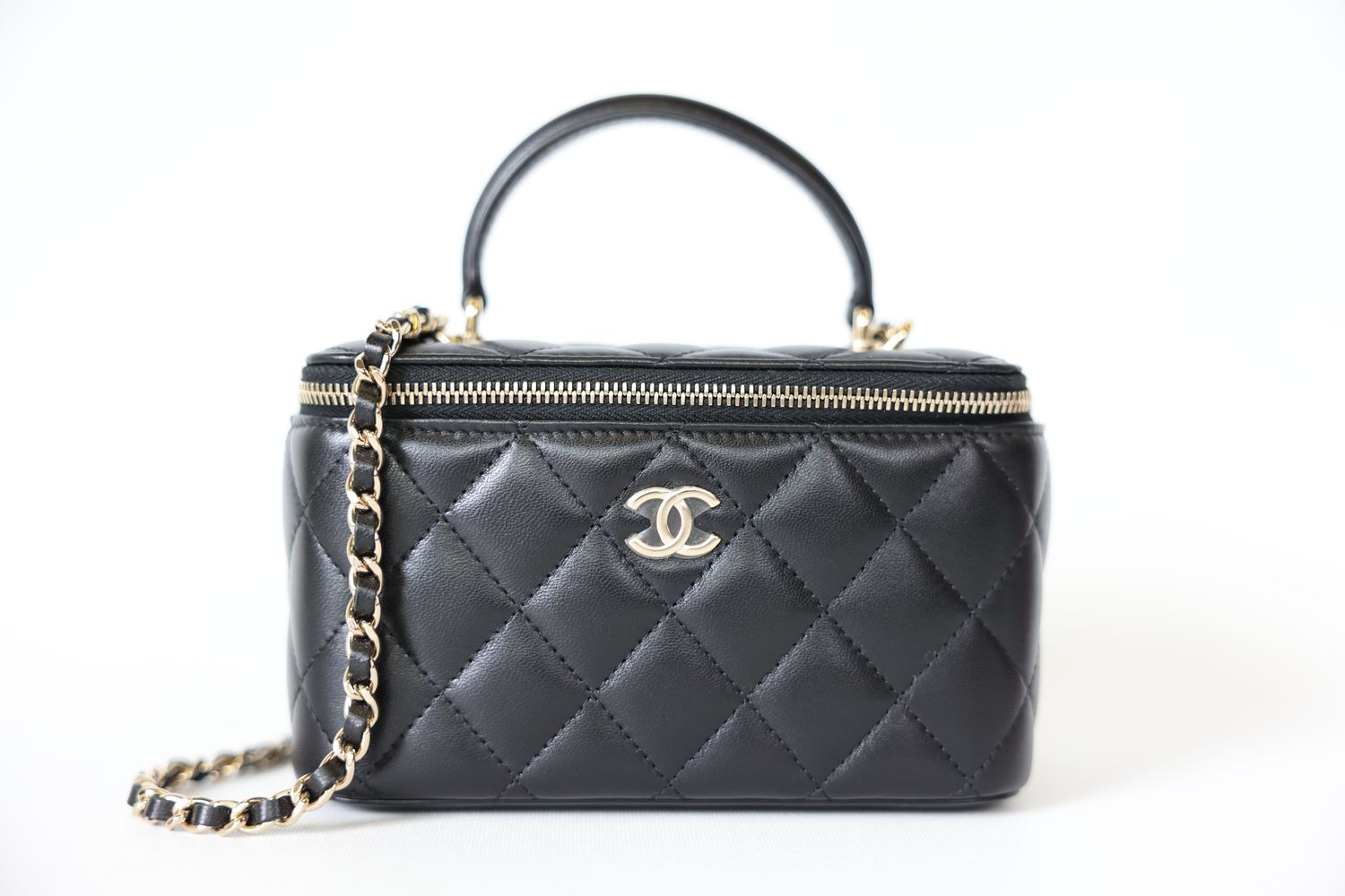 Chanel Quilted Top Handle Vanity Case Small, Black Lambskin with Gold Hardware, New in Box WA001