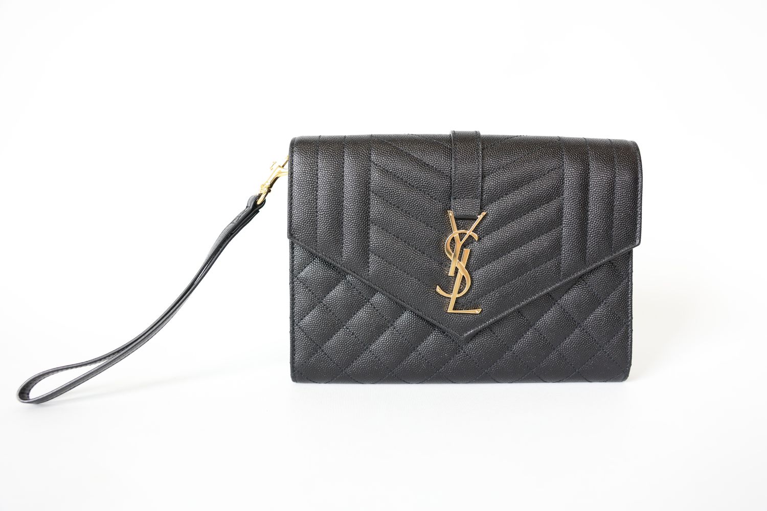 Saint Laurent Quilted Monogram Pouch, Grain de Poudre Calfskin with Gold Hardware, New in Box WA001