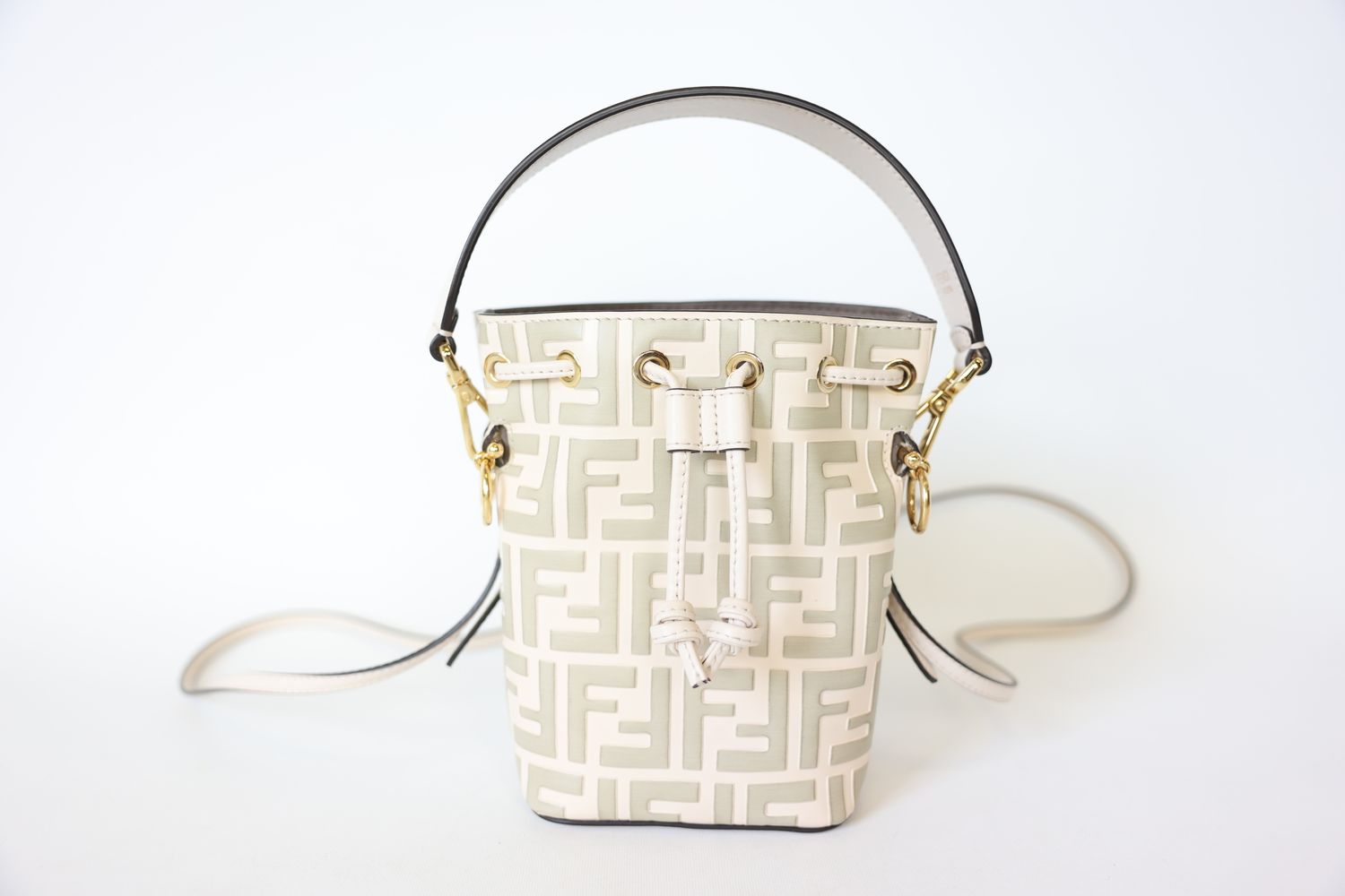 Fendi Mon Tresor Bucket Bag Mini, White and Grey Leather with Gold Hardware, Preowned in Dustbag WA001