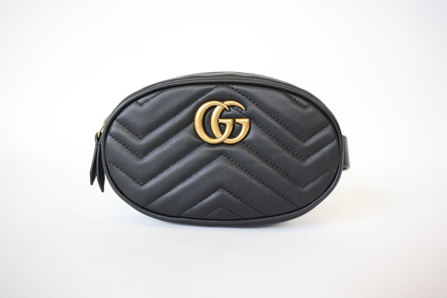 Gucci GG Marmont Belt Bag, Black Matelasse Chevron Leather with Gold Hardware, Preowned in Dustbag WA001