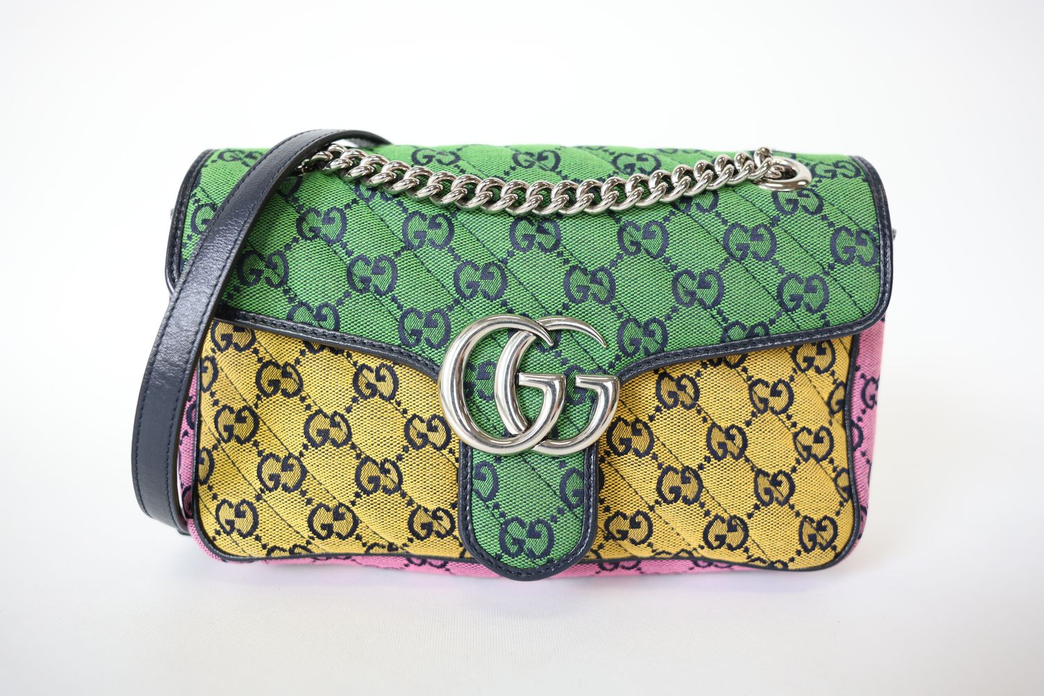 Gucci GG Marmont Flap Bag Small, Multicolor GG Monogram Canvas and Leather Trim with Silver Hardware, Preowned in Dustbag WA001