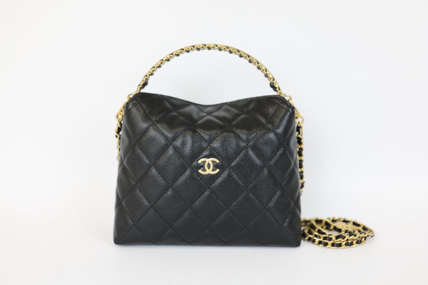 Chanel Top Handle Bag with Chain, Black Caviar Leather, Gold Hardware, New in Box MA001