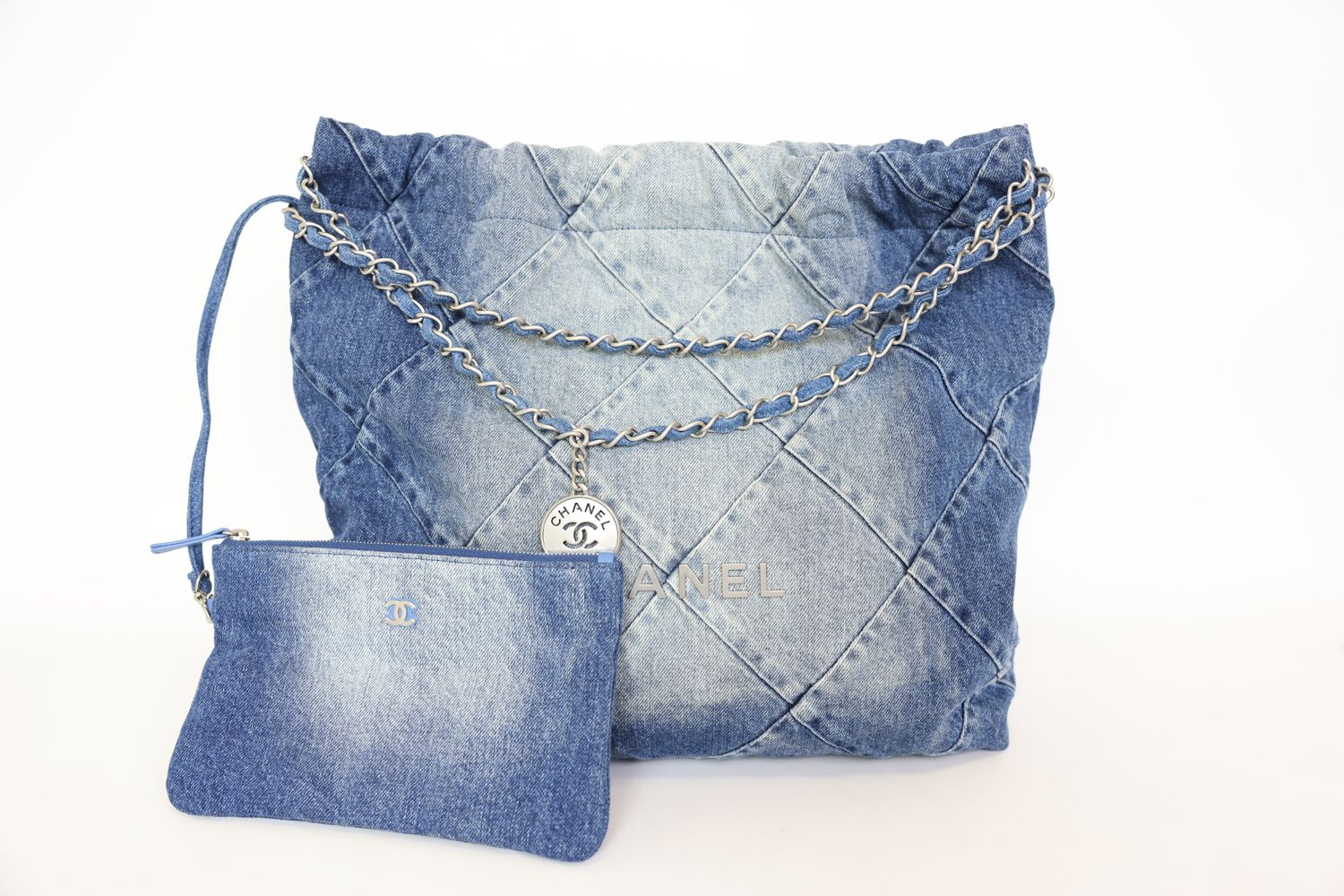 Chanel 22 Small, Blue Denim with Silver Hardware, Preowned in Box WA001