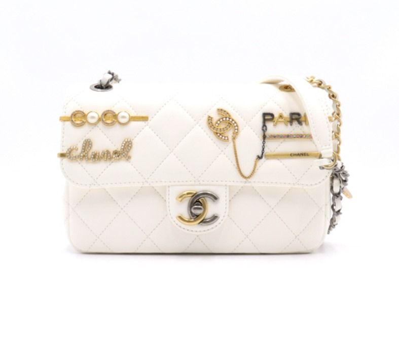 Chanel Seasonal Flap Bag, White Leather with Charms, Ruthenium and Gold Hardware, Preowned in Dustbag GA001P
