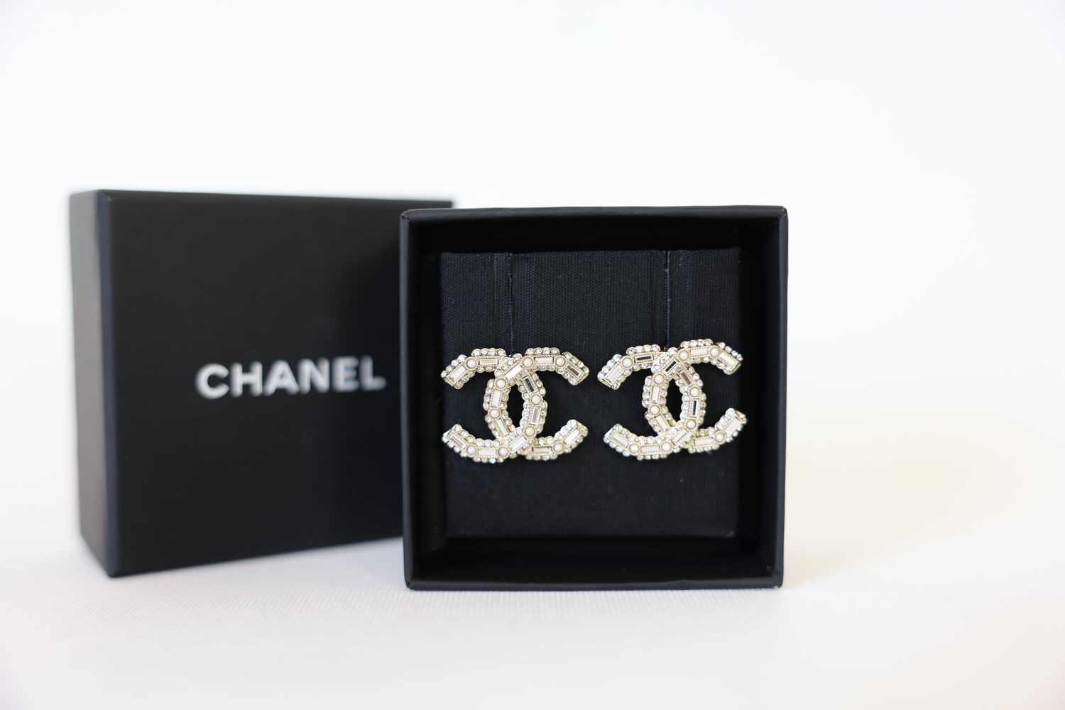 Chanel CC Stud Earrings, Crystals and Pearls with Gold Tone Hardware, Preowned in Box WA001
