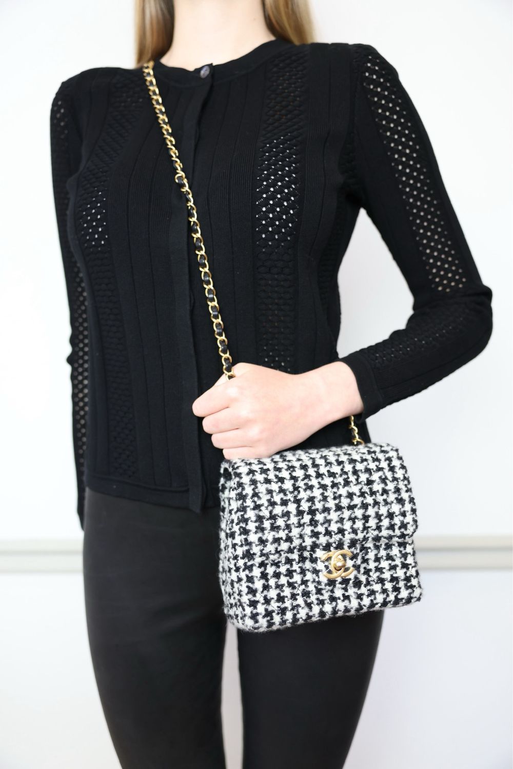 Chanel Flap Mini Tweed Houndstooth Black And White With Gold Hardware New In Box WA001