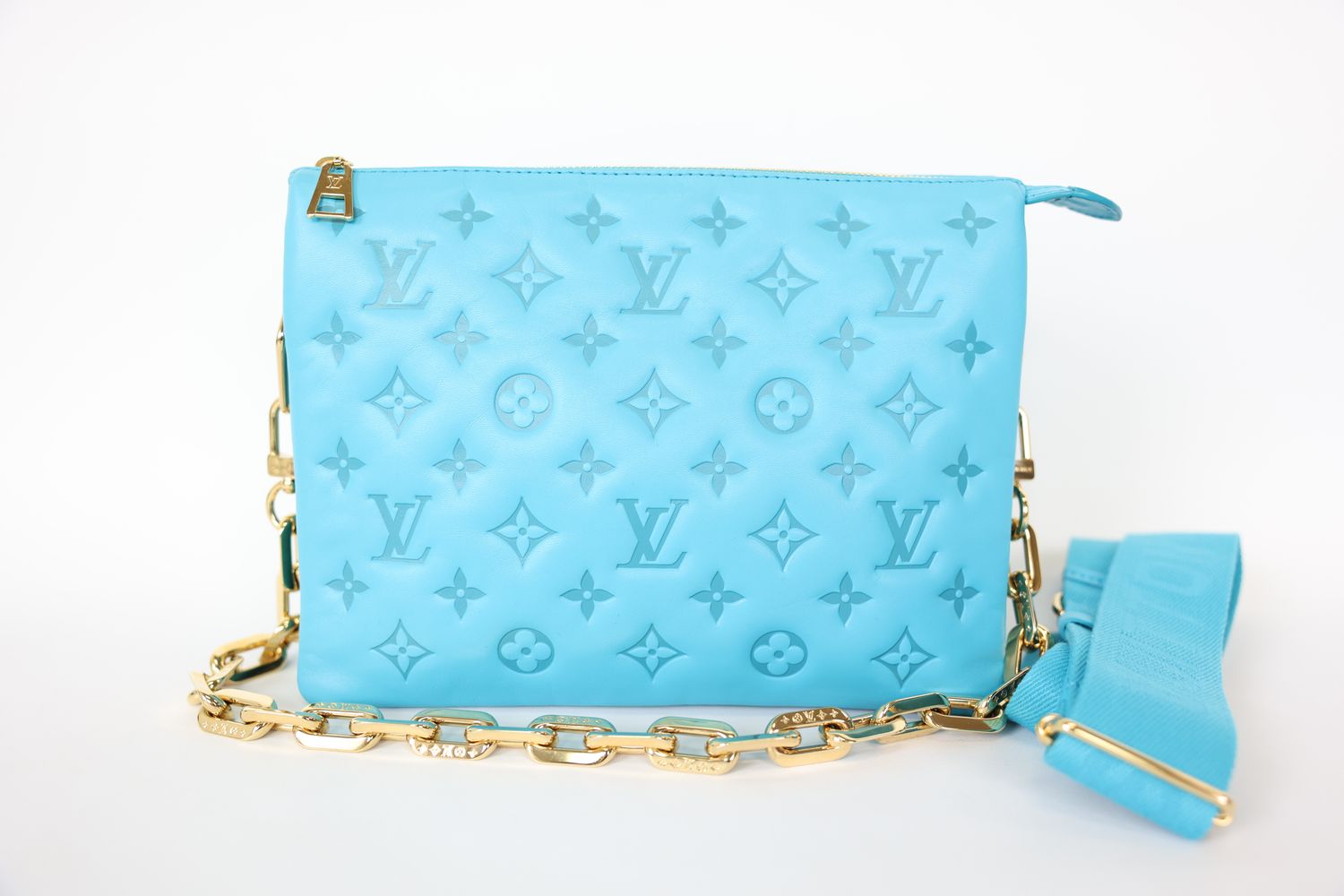 Louis Vuitton Coussin PM, Turquoise Blue Monogram-Embossed Puffy Lambskin and Calfskin-Leather Trim with Gold Hardware, Preowned in Dustbag WA001