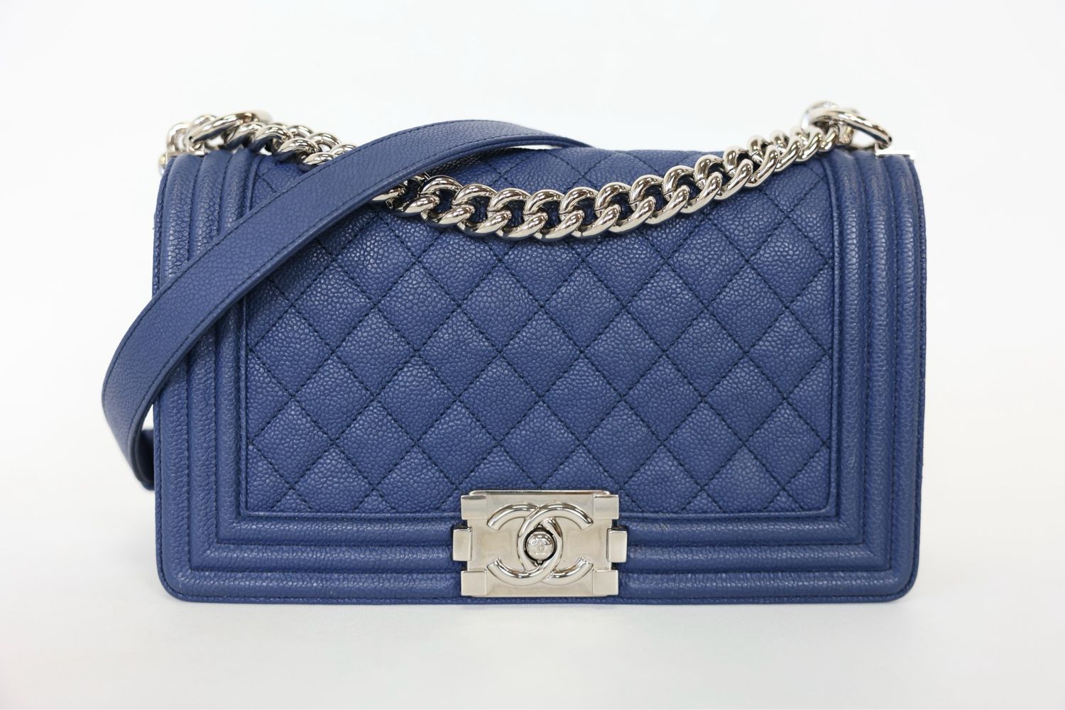 Chanel Boy Flap Bag Medium, Blue Caviar Leather with Silver Hardware, Preowned in Box WA001