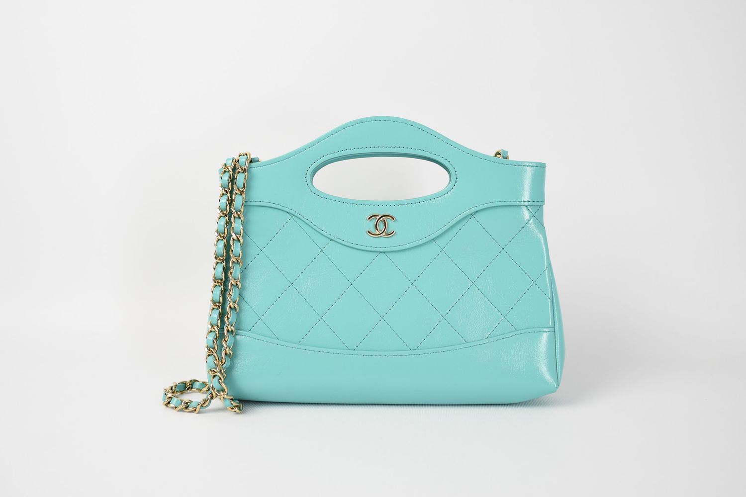 Chanel 31 Mini Tote, Turquoise Calfskin Leather with Gold Hardware, Preowned in Dustbag GA002