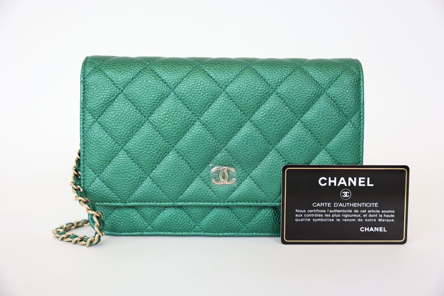 Chanel Wallet on Chain, 18S Iridescent Emerald Green Caviar with Gold Hardware, Preowned in Box WA001