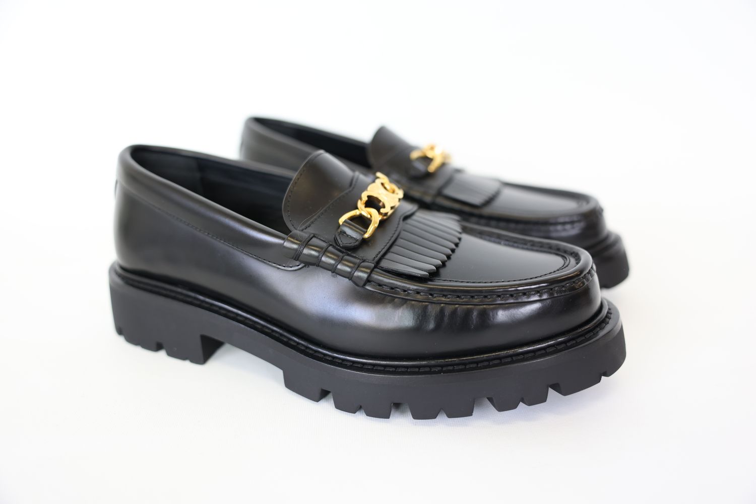 Celine Margaret Loafers with Triomphe Chain Size 37, Black Bull Leather with Gold Hardware, New in Box WA001