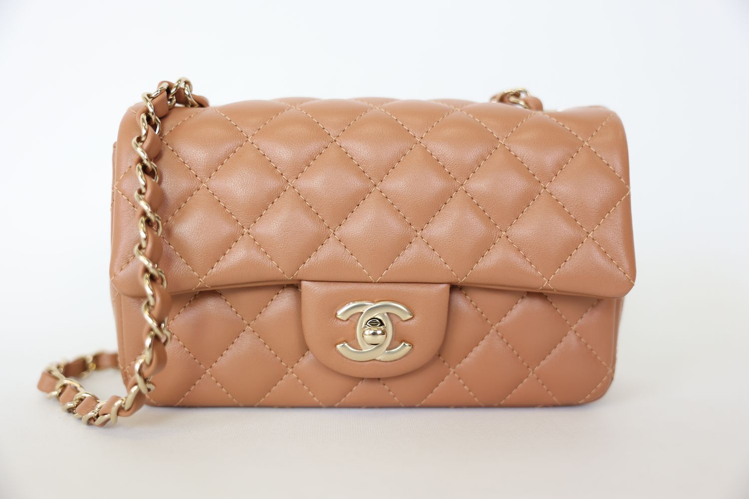 Chanel Classic Flap Bag Mini Rectangular, Caramel Brown Lambskin with Light Gold Hardware, Preowned in Box WA001