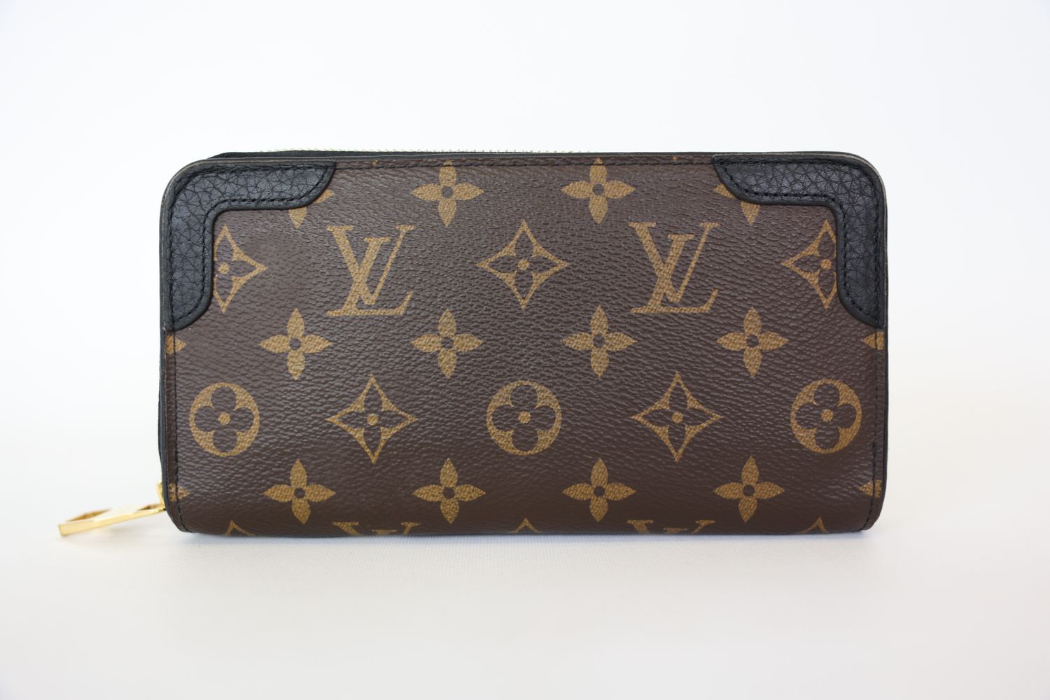 Louis Vuitton Zippy Retiro Wallet, Brown Monogram Coated Canvas and Black Leather Trim with Gold Hardware, Preowned in Box WA001