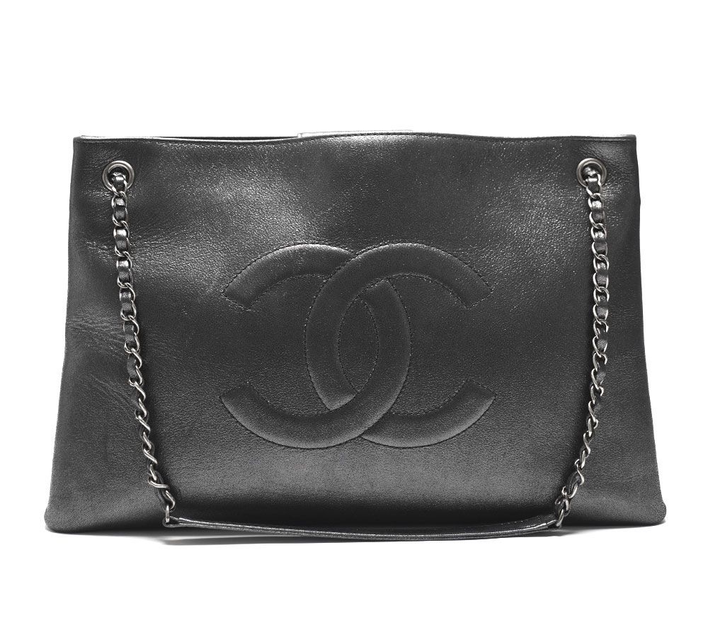 Chanel Timeless Shopper Tote, Charcoal Grey Iridescent Coated Calfskin Leather, Ruthenium Hardware, Preowned in Dustbag GA001P