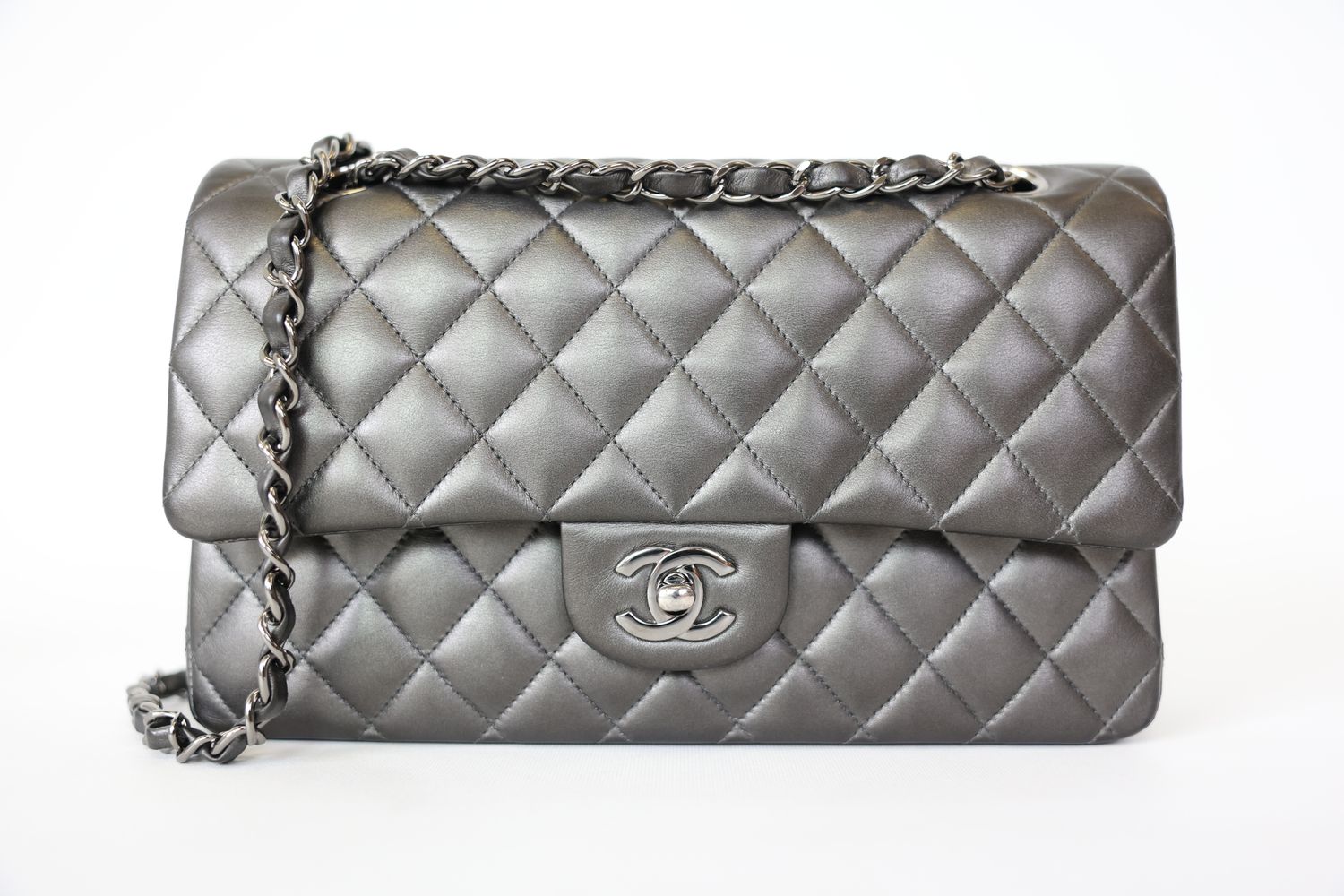 Chanel Classic Double Flap Bag Medium, Metallic Charcoal Grey Lambskin with SIlver Hardware, Preowned in Box WA001