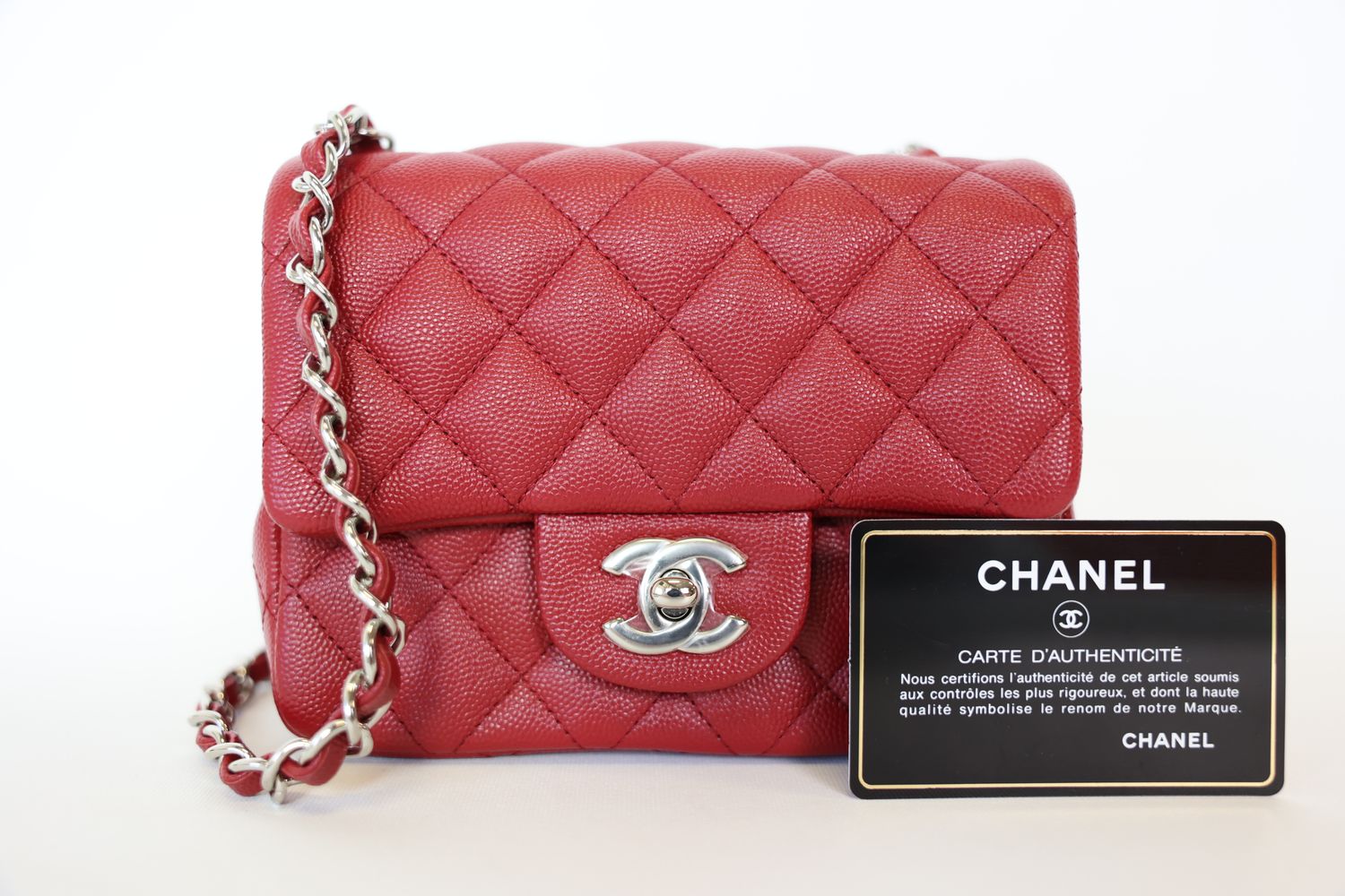 Chanel Classic Mini Square, 17B Red Caviar with Silver Hardware, Preowned in Dustbag WA001