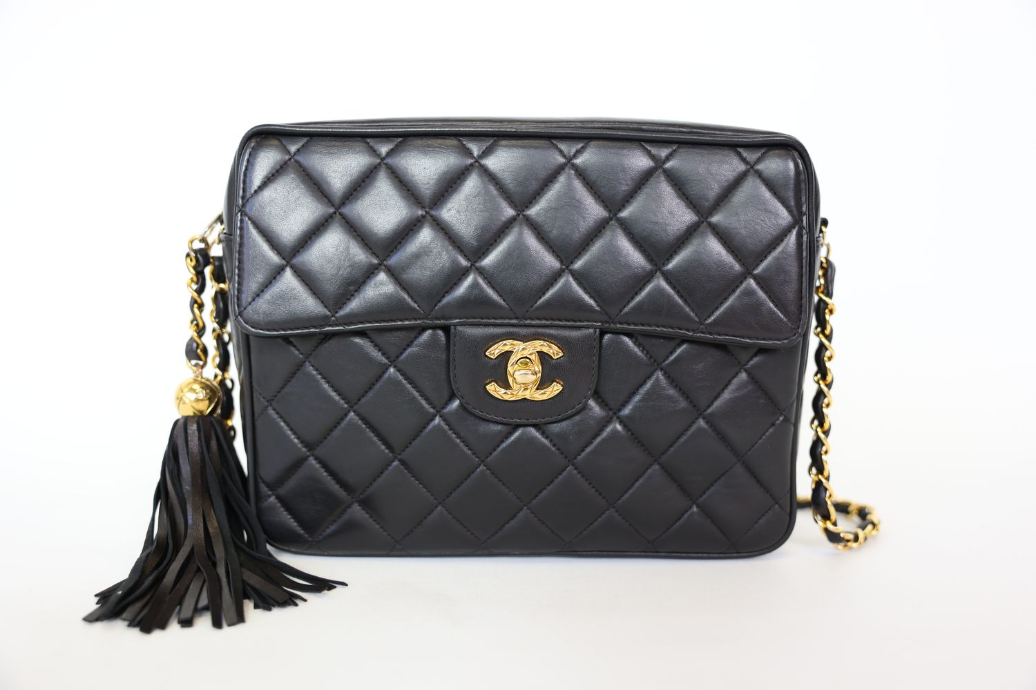 Chanel CC Camera Bag with Tassel, Black Lambskin with Gold Hardware, Preowned in Dustbag WA001