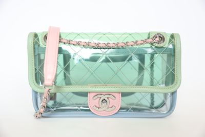 Chanel Coco Splash Flap Bag Small, Blue Green PVC and Pink Lambskin with Silver Hardware, Preowned No Dustbag WA001
