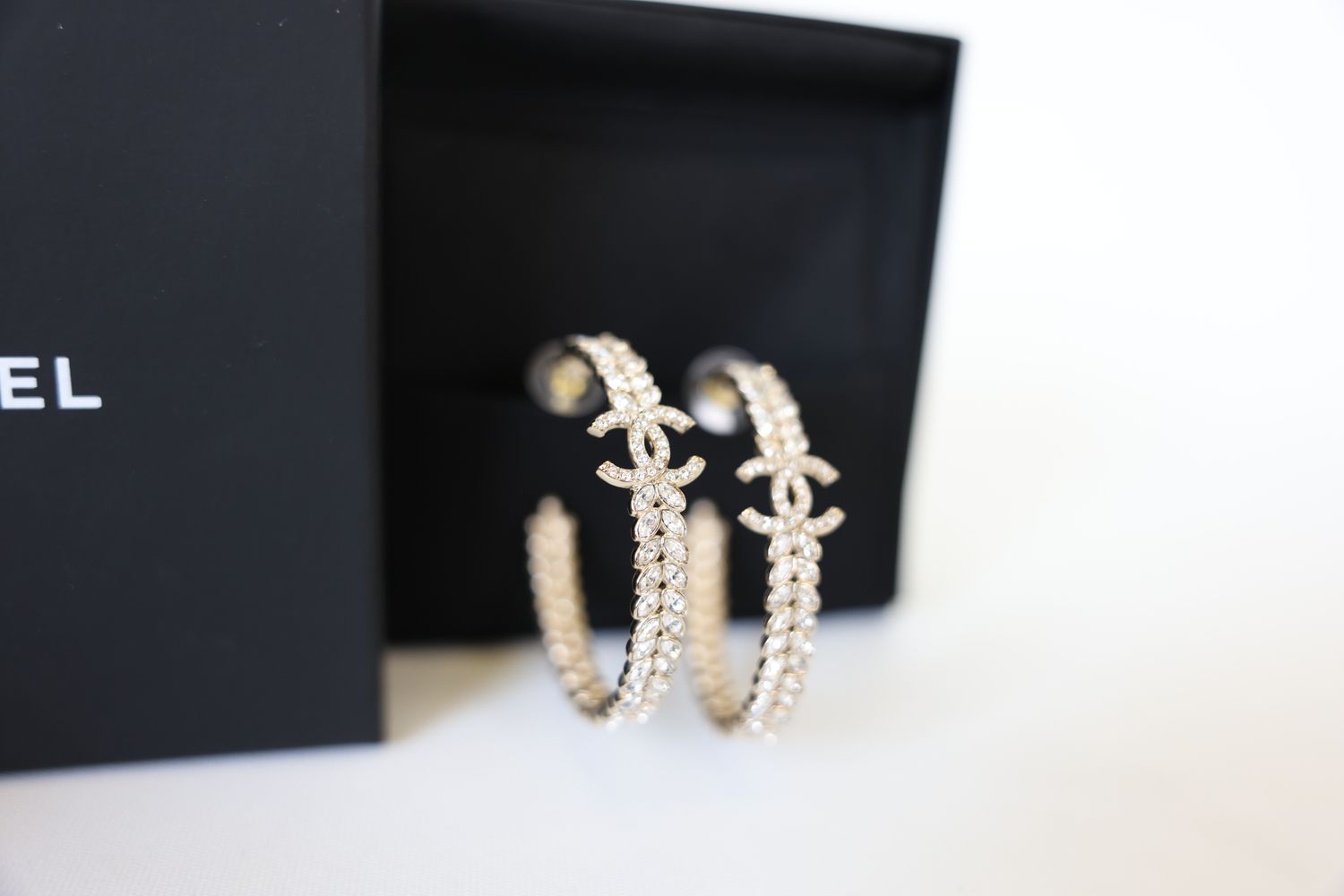 Chanel 23S Hoop Earrings, Crystal and Gold Tone Hardware, Preowned in Box WA001