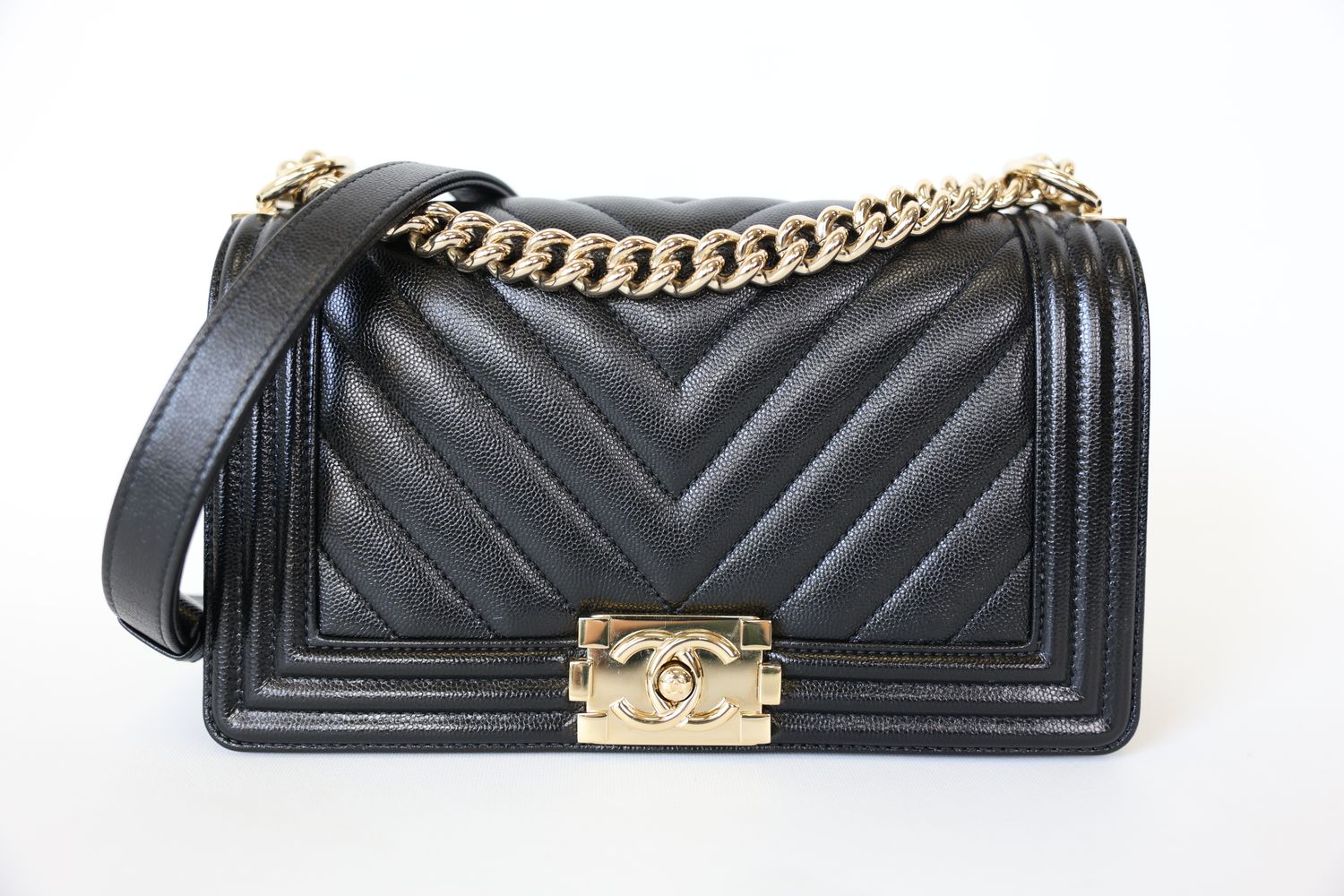 Chanel Boy Flap Bag Medium, Black Chevron Caviar with Gold Hardware, Preowned in Box WA001
