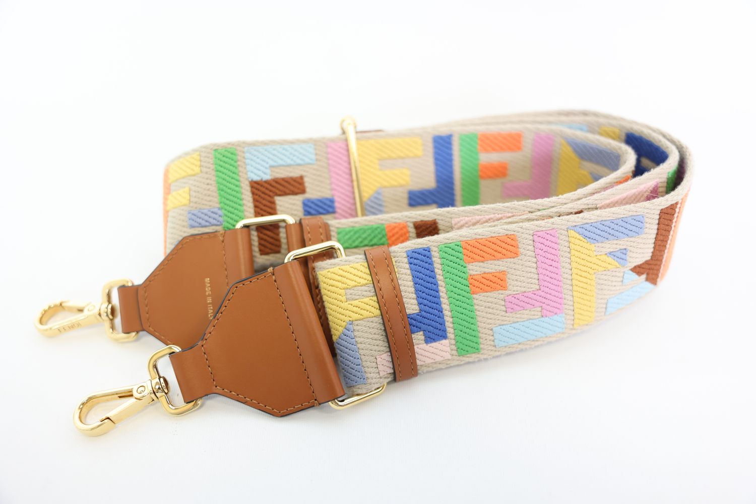 Fendi Strap You, Beige Ribbon with Multicolor FF Motif with Gold Hardware, Preowned WA001