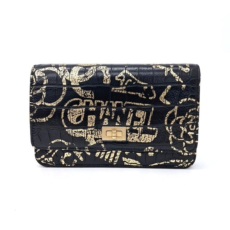 Chanel Reissue Graffiti Wallet on Chain, Black and Gold, Brushed Gold Hardware, Preowned in Box GA001P