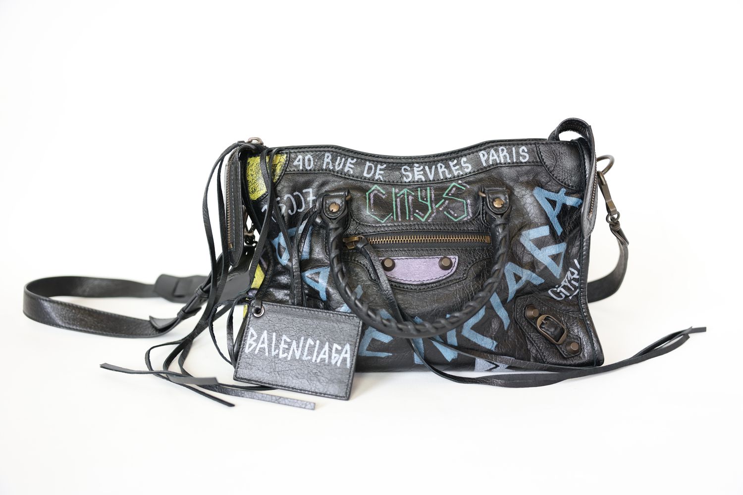 Balenciaga Graffiti City S Medium, Black Leather with Aged Hardware, Preowned No Dustbag WA001