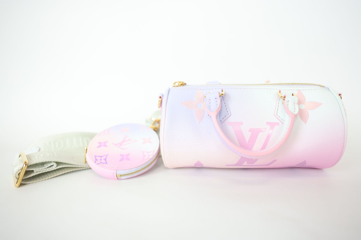 Louis Vuitton Papillon BB, Sunrise Pastel Monogram Coated Canvas with Gold Hardware, Preowned in Box WA001
