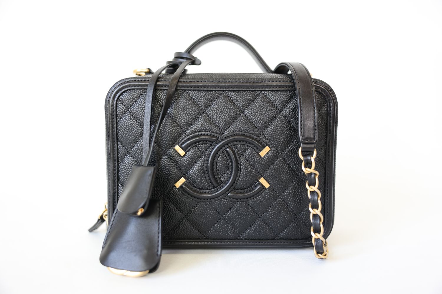 Chanel CC Filigree Vanity Case Medim, Black Grained Calfskin and Lambskin with Gold Hardware, Preowned in Box WA001