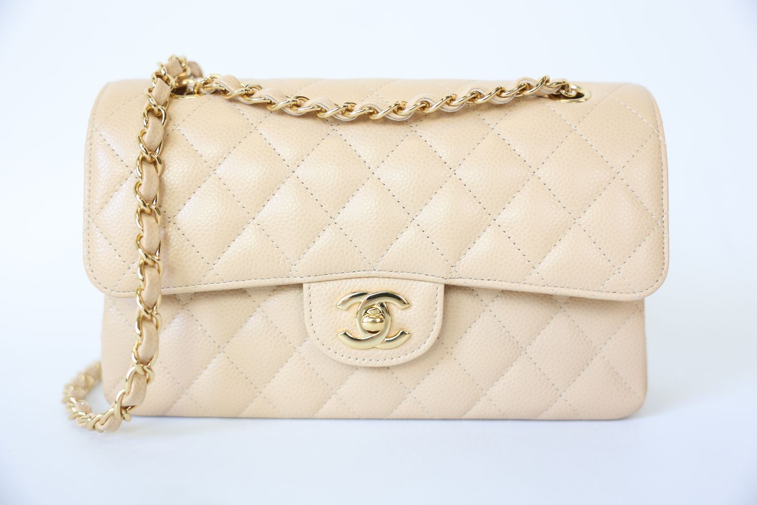 Chanel Classic Small, Beige Clair Caviar with Gold Hardware, Preowned in Box WA001