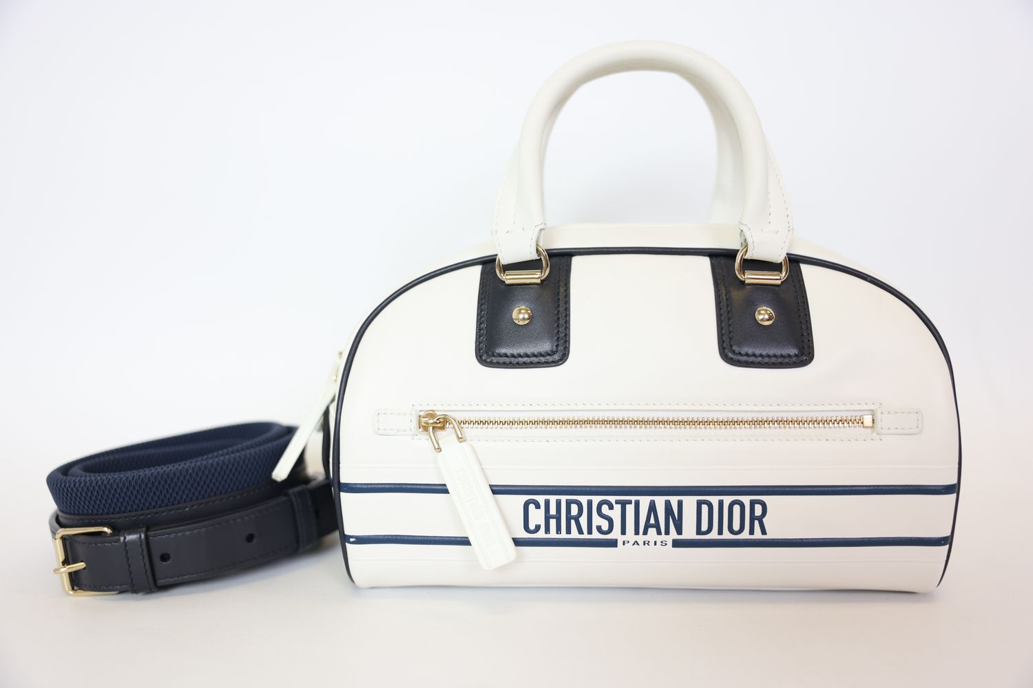 Christian Dior Vibe Bowling Bag Small, Black and White Calfskin Leather with Gold Hardware, Preowned No Dustbag WA001