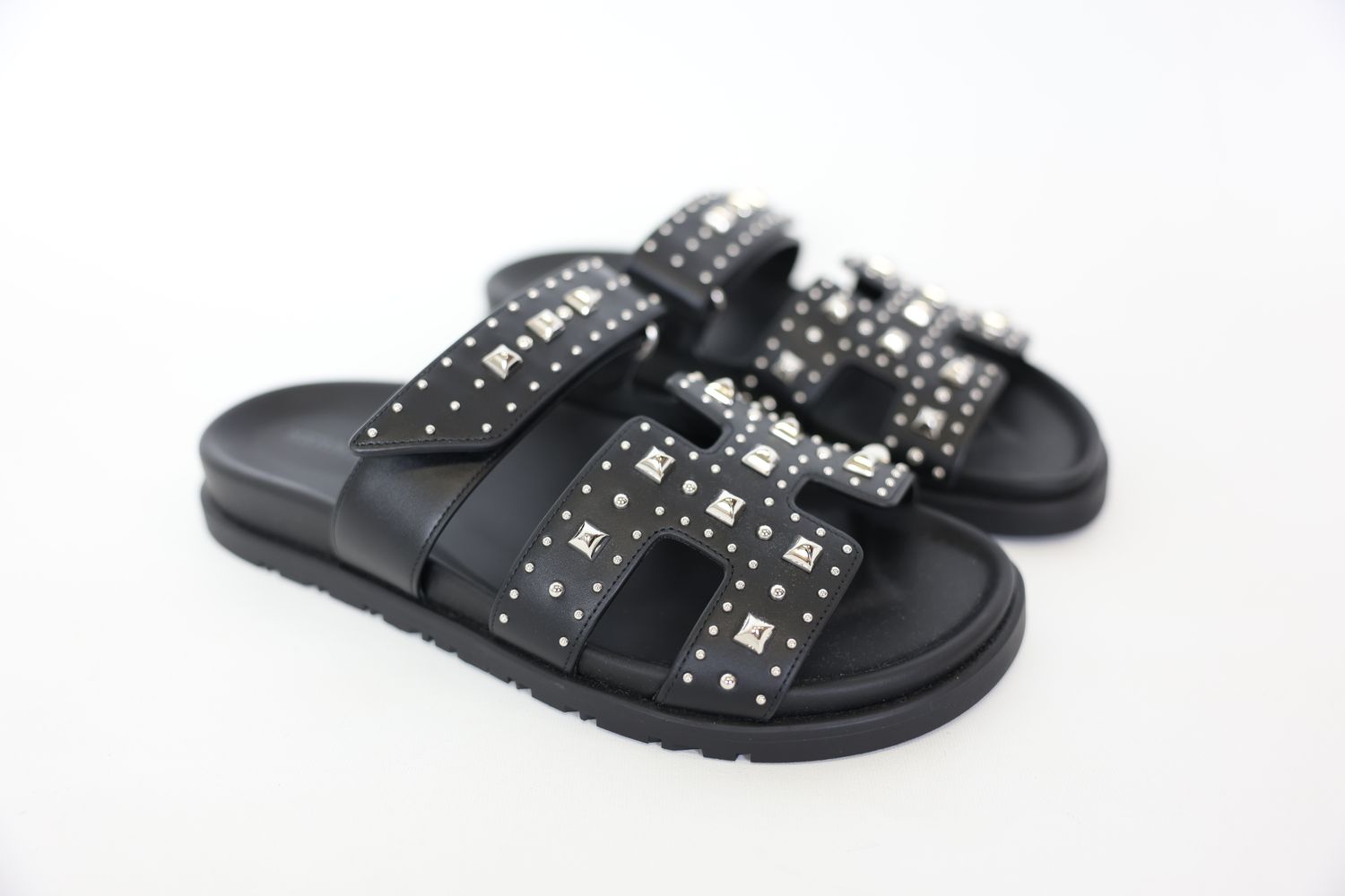 Hermes Chypre Sandals Size 37, Black Studded Leather with Silver Hardware, New in Box MA001