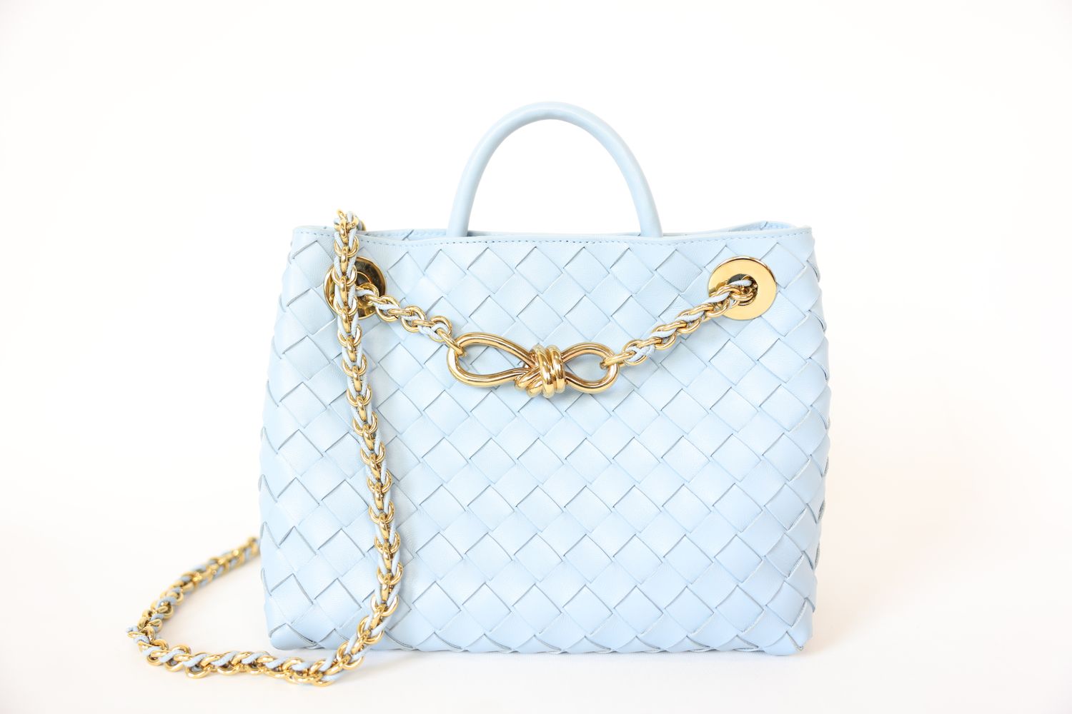 Bottega Veneta Andiamo Bag Small, Light Blue Lambskin with Gold Hardware, Preowned in Dustbag WA001