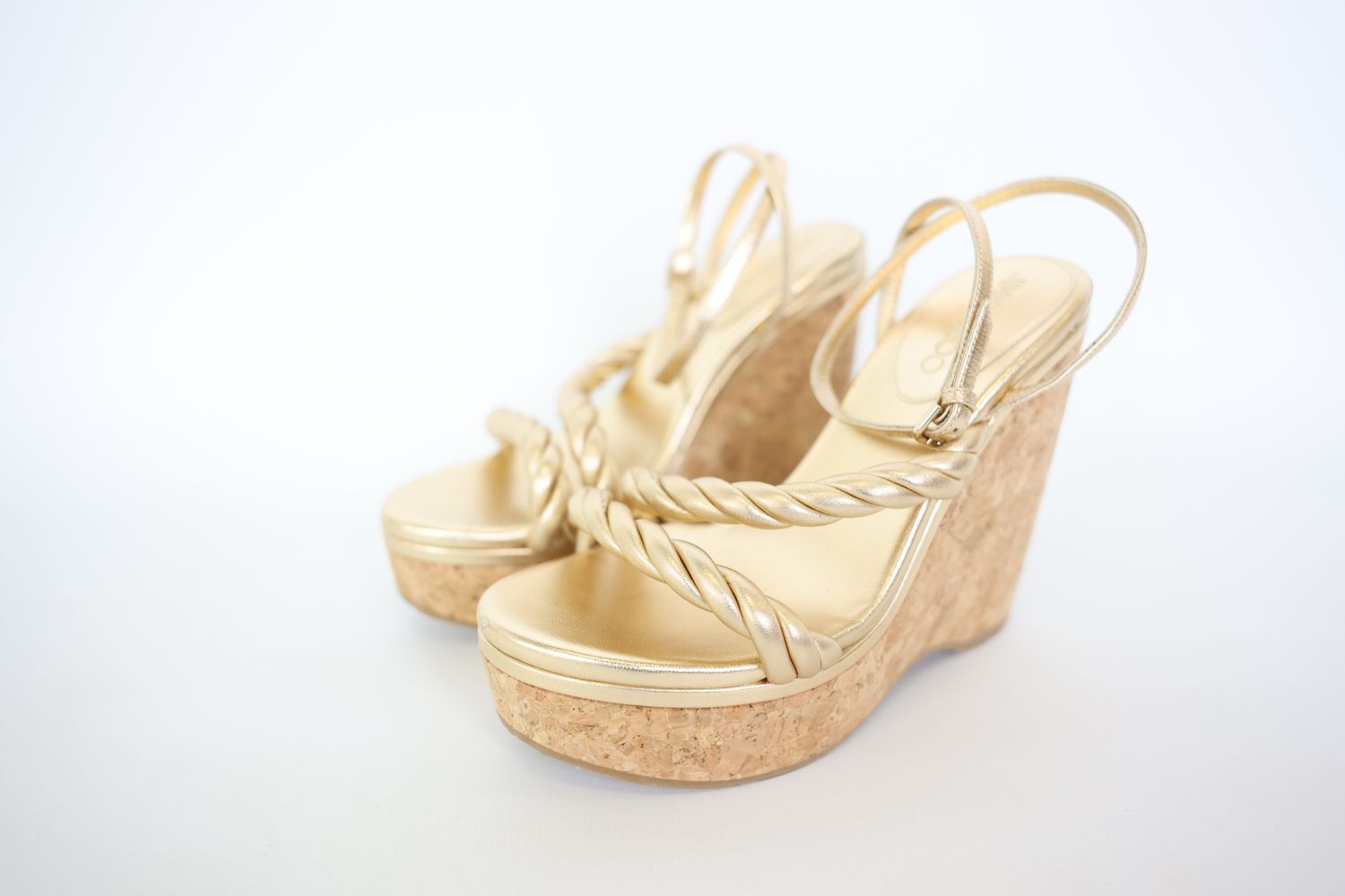Jimmy Choo Diosa Wedge Sandals Size 38, Gold Leather with Gold Hardware, New No Dustbag WA001