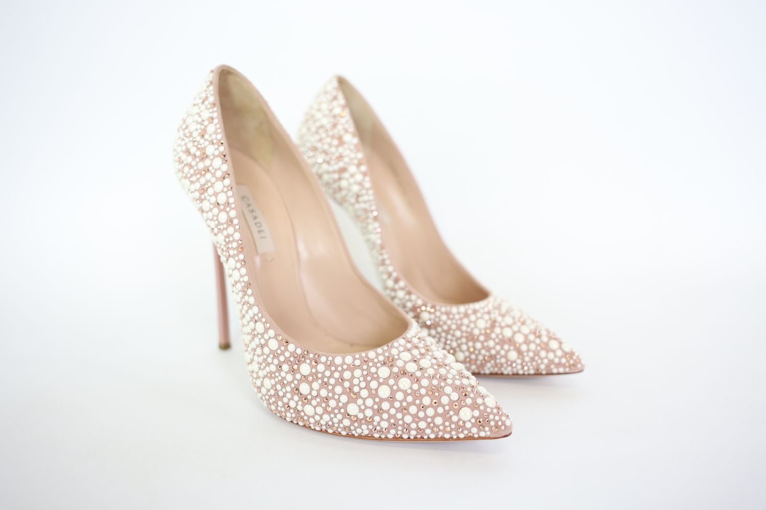 Casadei Pumps with Blade Heels Size 8, Beige Leather with Faux Pearls and Swarovski Crystals, Preowned WA001