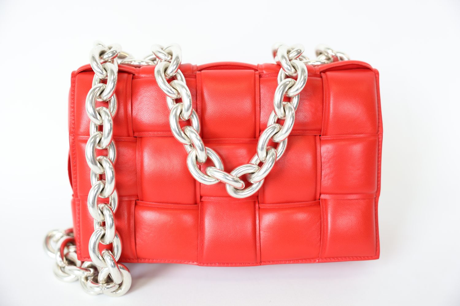 Bottega Veneta Chain Cassette Medium, Red Padded Intreccio Lambskin with Silver Hardware, Preowned in Dustbag WA001